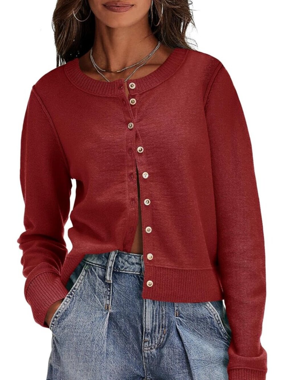 Women's Burgundy Long Sleeve Crew Neck Imported Button Down Cardigan Sweaters